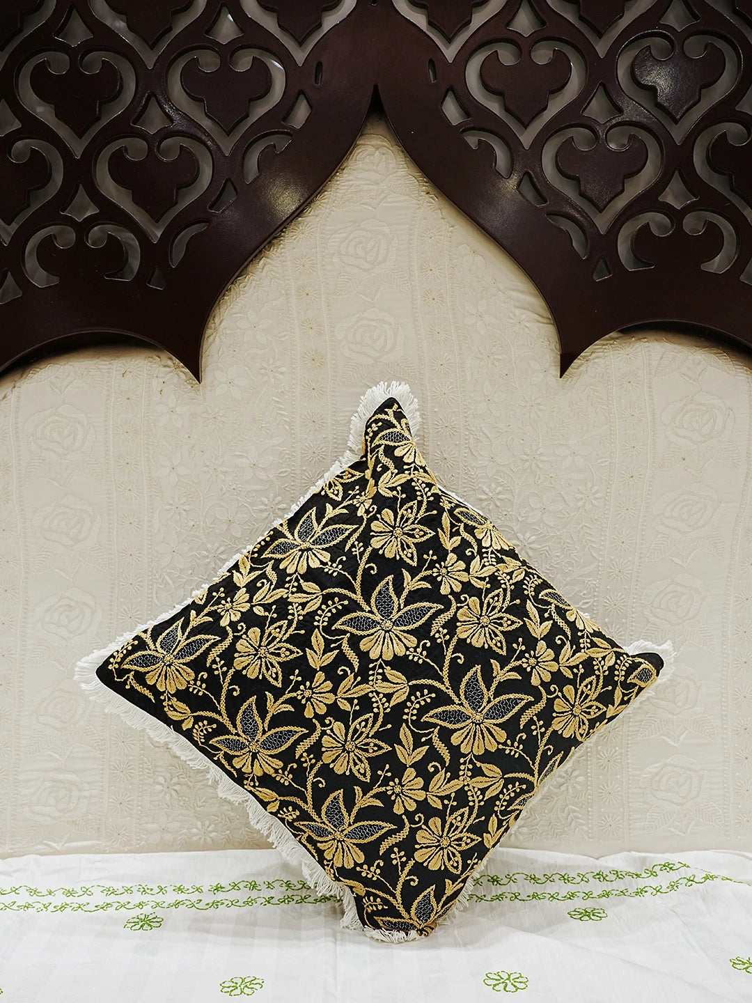 Ada Hand Embroidered Black Cotton Lucknowi Chikankari Cushion Cover With Zari Work 01A503027