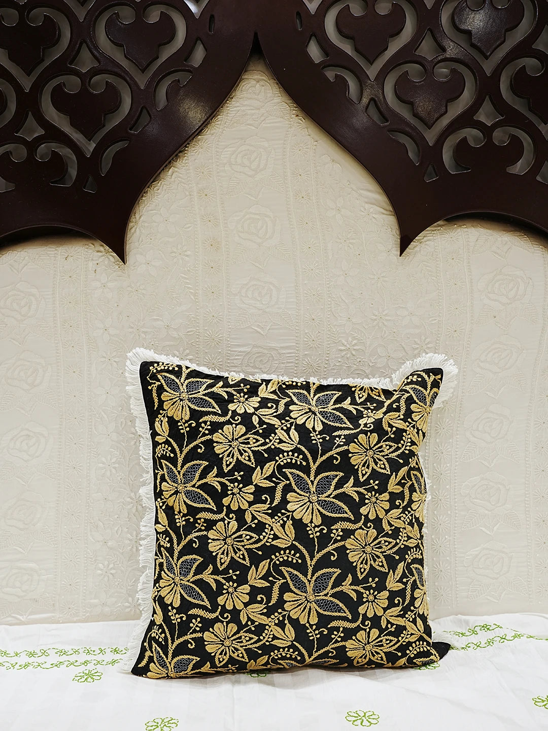 Ada Hand Embroidered Black Cotton Lucknowi Chikankari Cushion Cover With Zari Work 01A503027