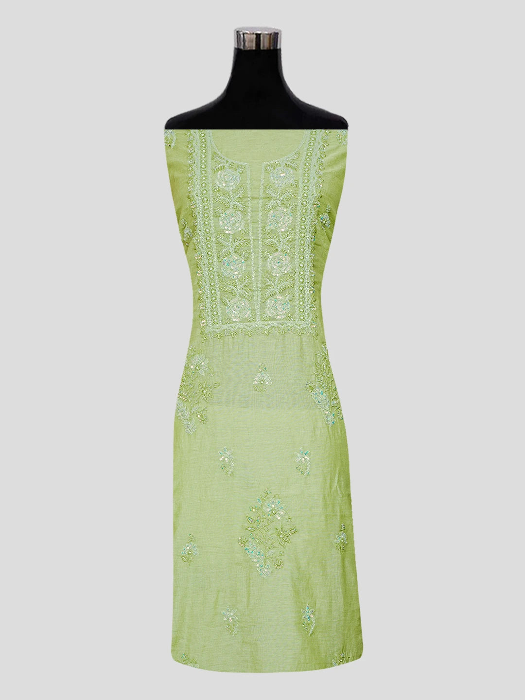 Ada Hand Embroidered Pear Green Chanderi Lucknowi Chikankari Unstitched Kurta Dupatta Set With Sequinned Work 01A477182