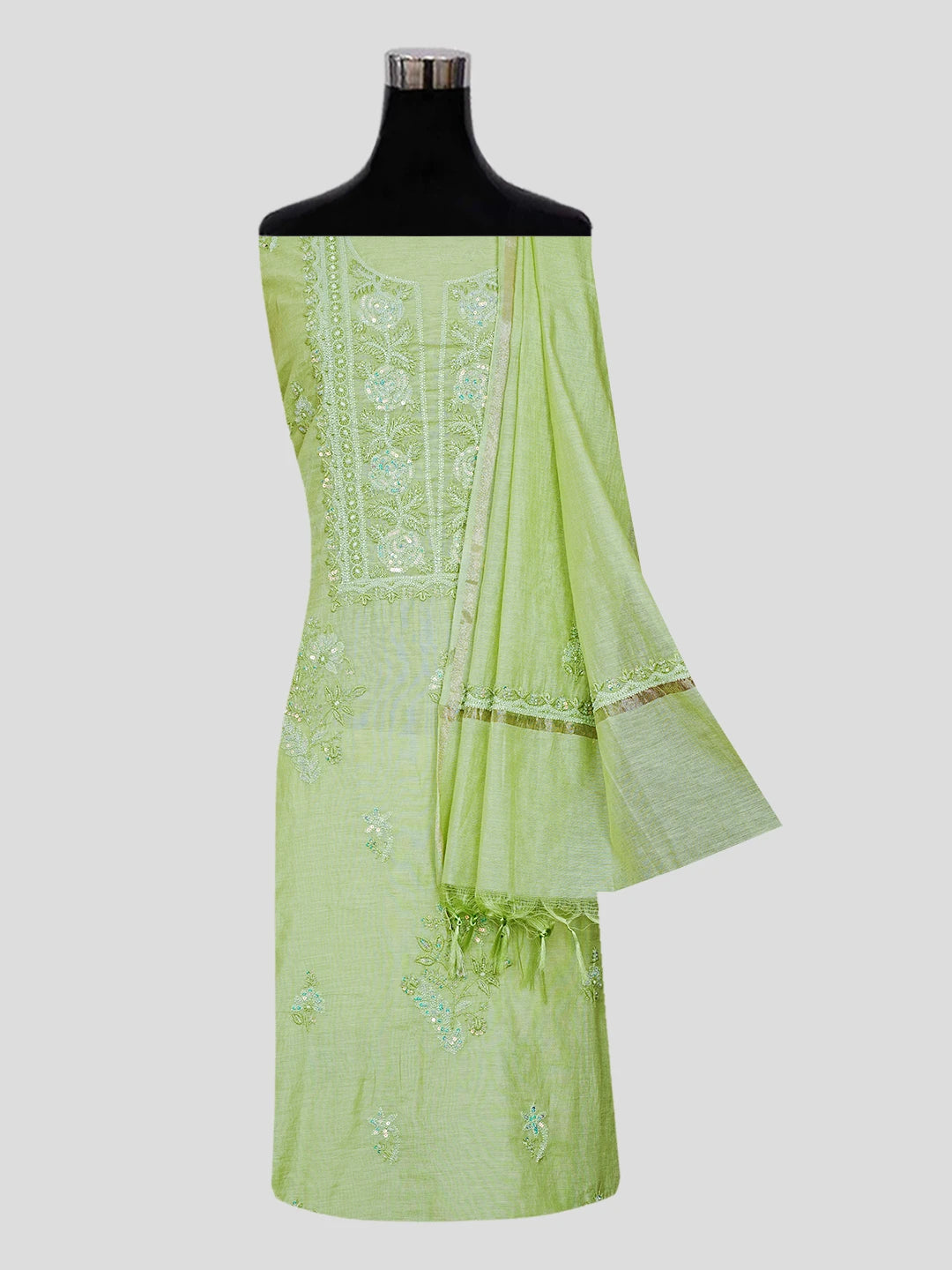 Ada Hand Embroidered Pear Green Chanderi Lucknowi Chikankari Unstitched Kurta Dupatta Set With Sequinned Work 01A477182