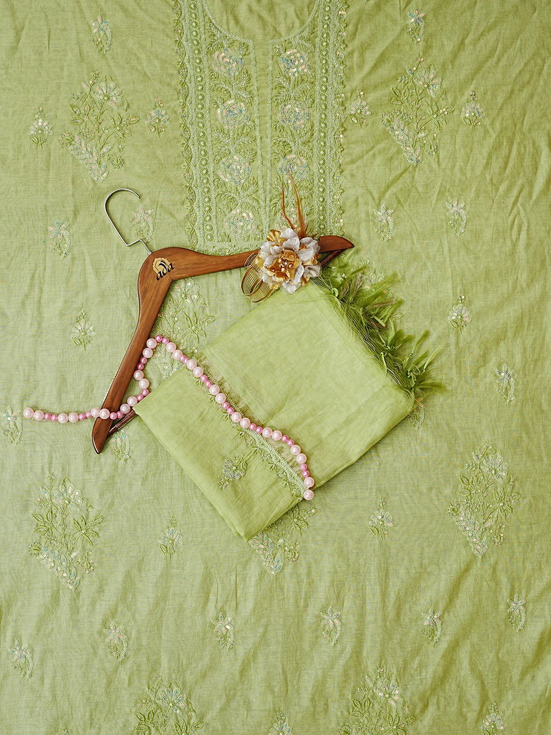 Ada Hand Embroidered Pear Green Chanderi Lucknowi Chikankari Unstitched Kurta Dupatta Set With Sequinned Work 01A477182