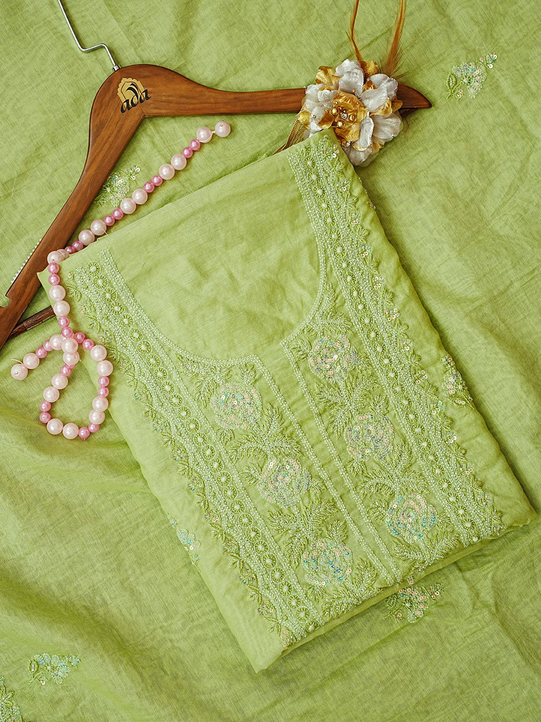 Ada Hand Embroidered Pear Green Chanderi Lucknowi Chikankari Unstitched Kurta Dupatta Set With Sequinned Work 01A477182