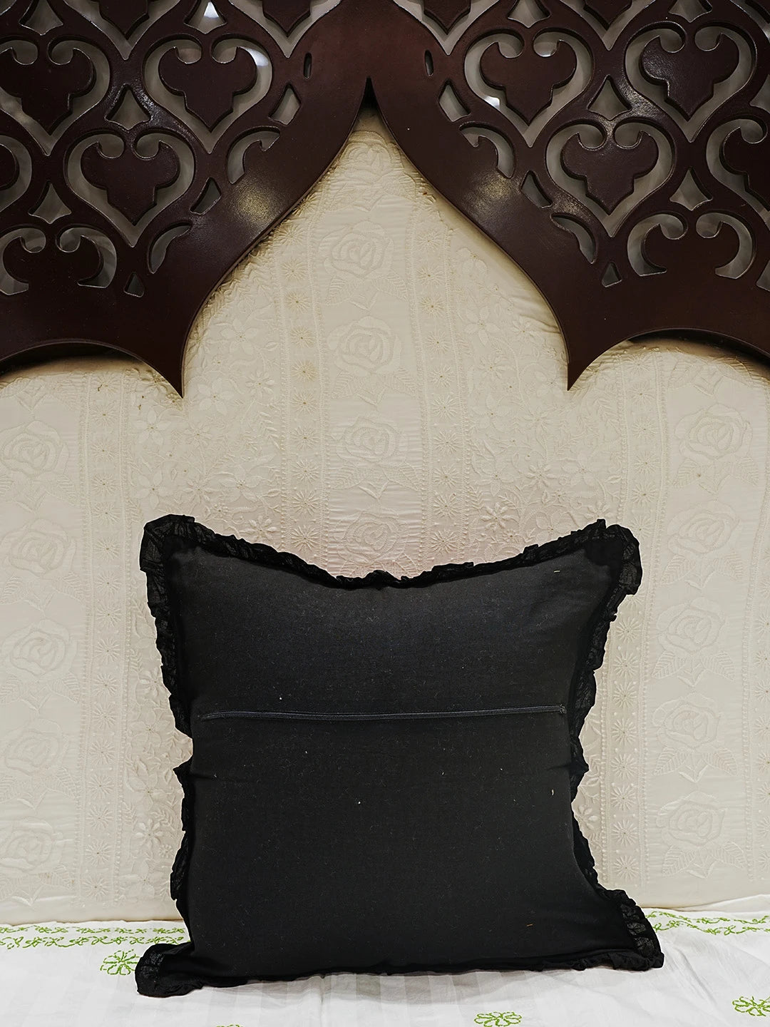 Ada Hand Embroidered Black Cotton Lucknowi Chikankari Cushion Cover 01A502235