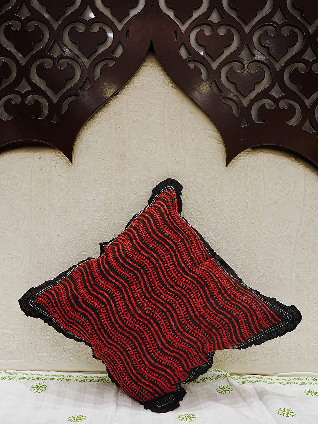 Ada Hand Embroidered Black Cotton Lucknowi Chikankari Cushion Cover 01A502235