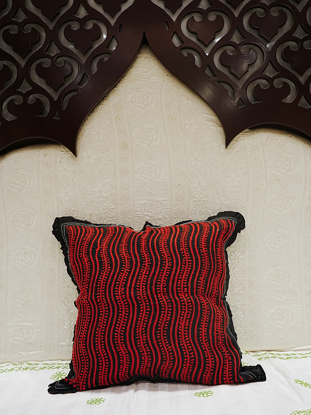 Ada Hand Embroidered Black Cotton Lucknowi Chikankari Cushion Cover 01A502235