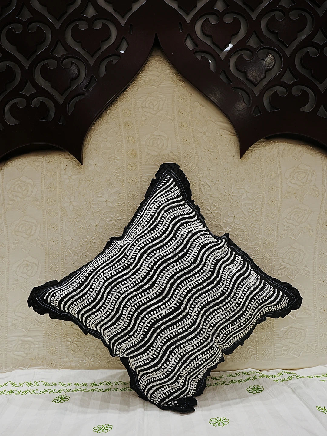 Ada Hand Embroidered Black Cotton Lucknowi Chikankari Cushion Cover 01A502217
