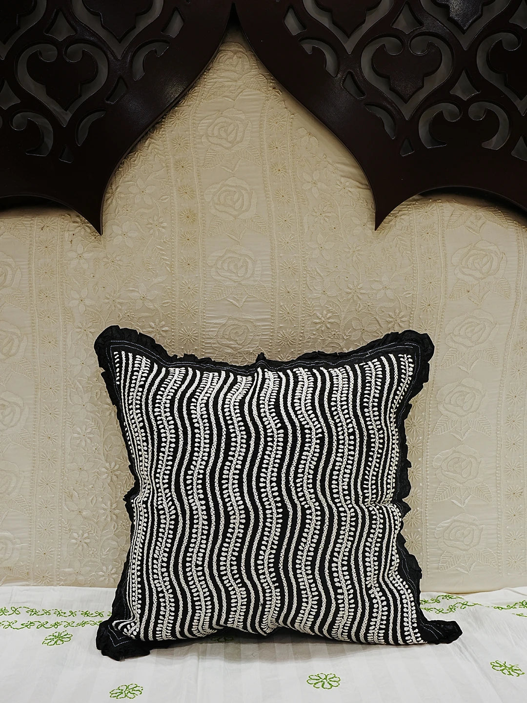Ada Hand Embroidered Black Cotton Lucknowi Chikankari Cushion Cover 01A502217