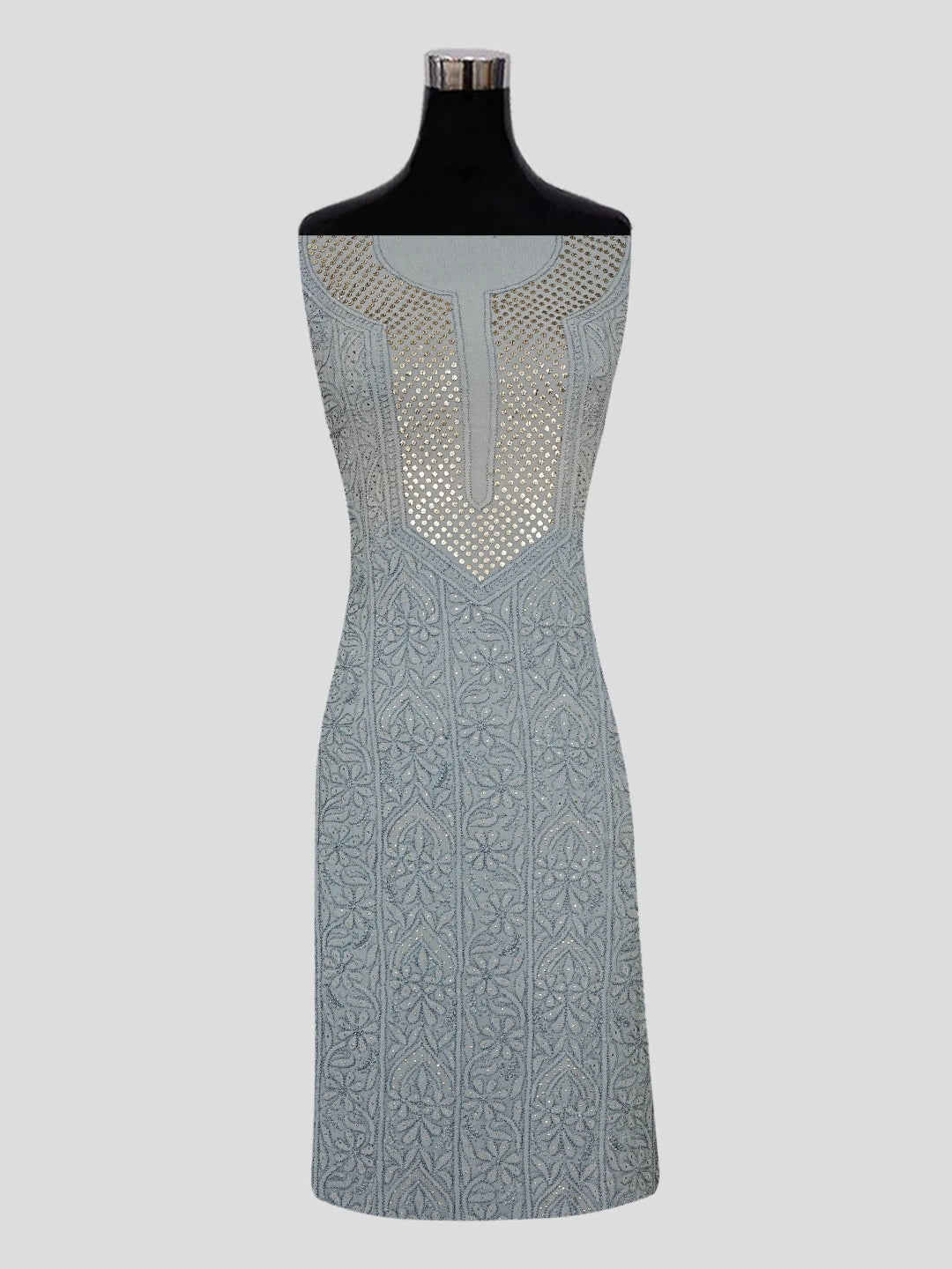 Ada Hand Embroidered Grey Viscose Georgette Lucknowi Chikankari Unstitched Kurta Piece 01A14149