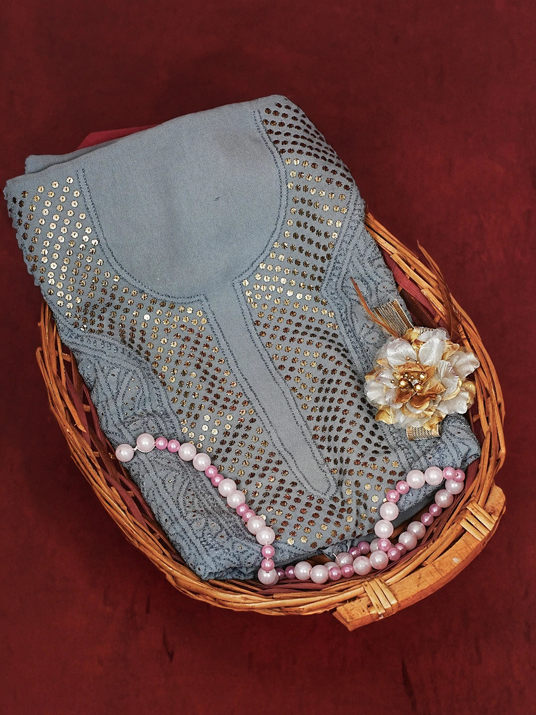 Ada Hand Embroidered Grey Viscose Georgette Lucknowi Chikankari Unstitched Kurta Piece 01A14149