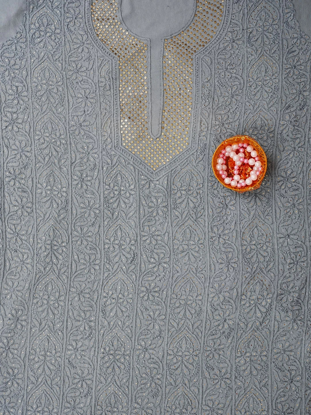 Ada Hand Embroidered Grey Viscose Georgette Lucknowi Chikankari Unstitched Kurta Piece 01A14149