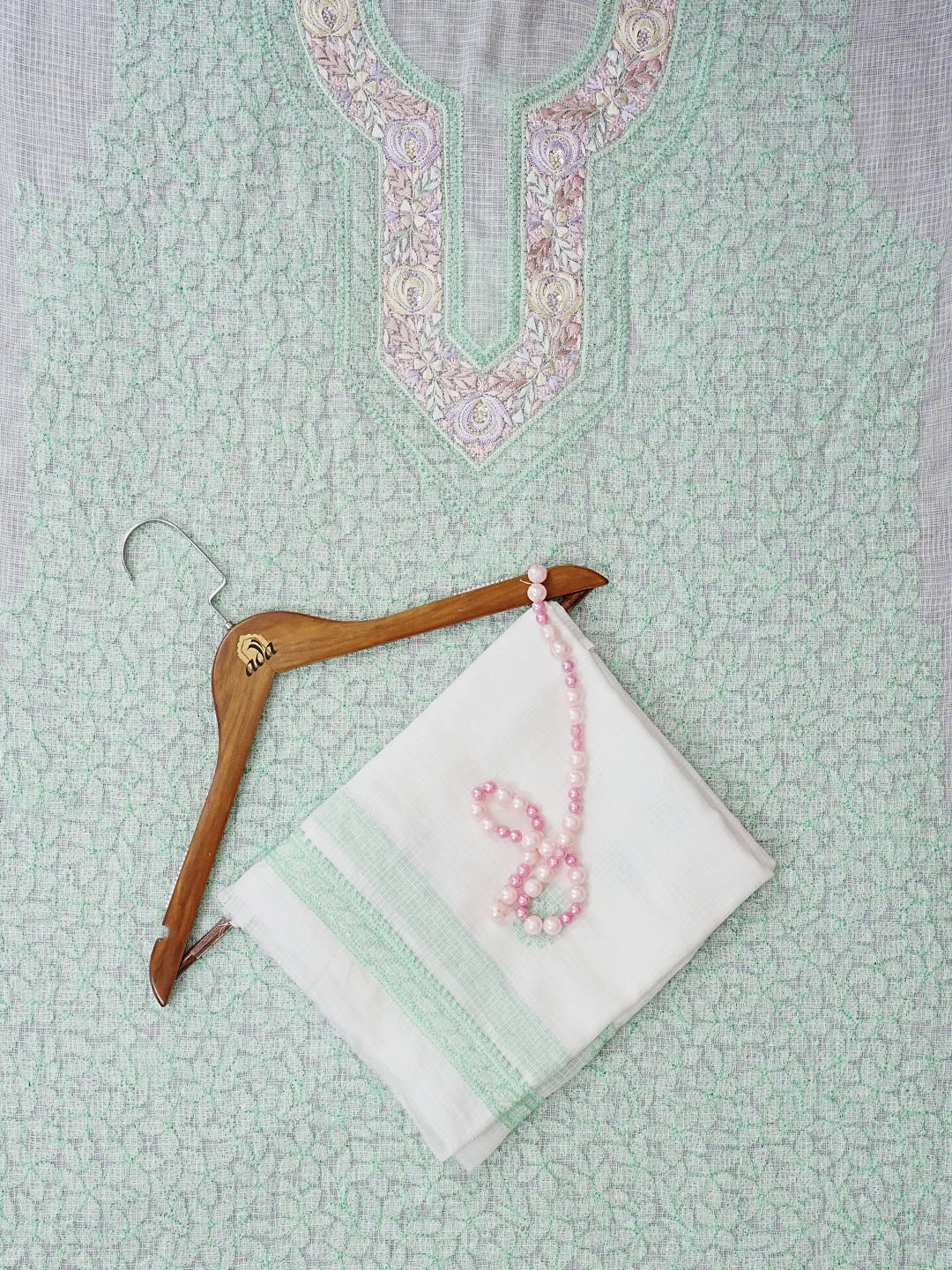 Ada Hand Embroidered White Kota Lucknowi Chikankari Unstitched Kurta Dupatta Set With Sequinned Work 01A550332