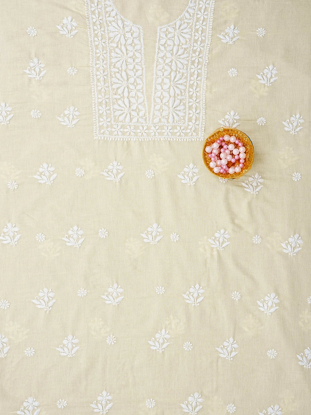 Ada Hand Embroidered Beige Cotton Lucknowi Chikankari Unstitched Kurta Piece 01A535411