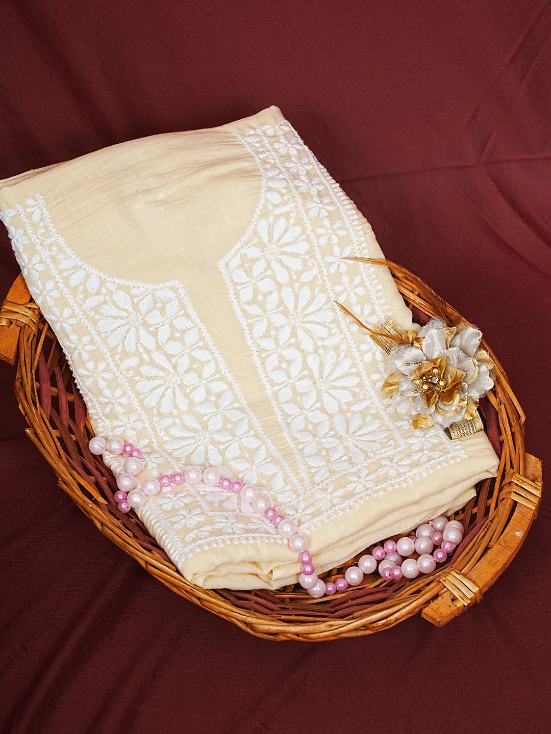 Ada Hand Embroidered Beige Cotton Lucknowi Chikankari Unstitched Kurta Piece 01A535411