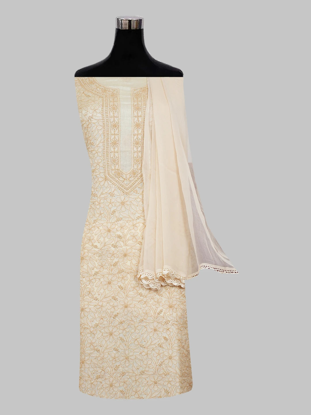 Ada Hand Embroidered Fawn Silk Lucknowi Chikankari Unstitched Suit Piece 01A546591