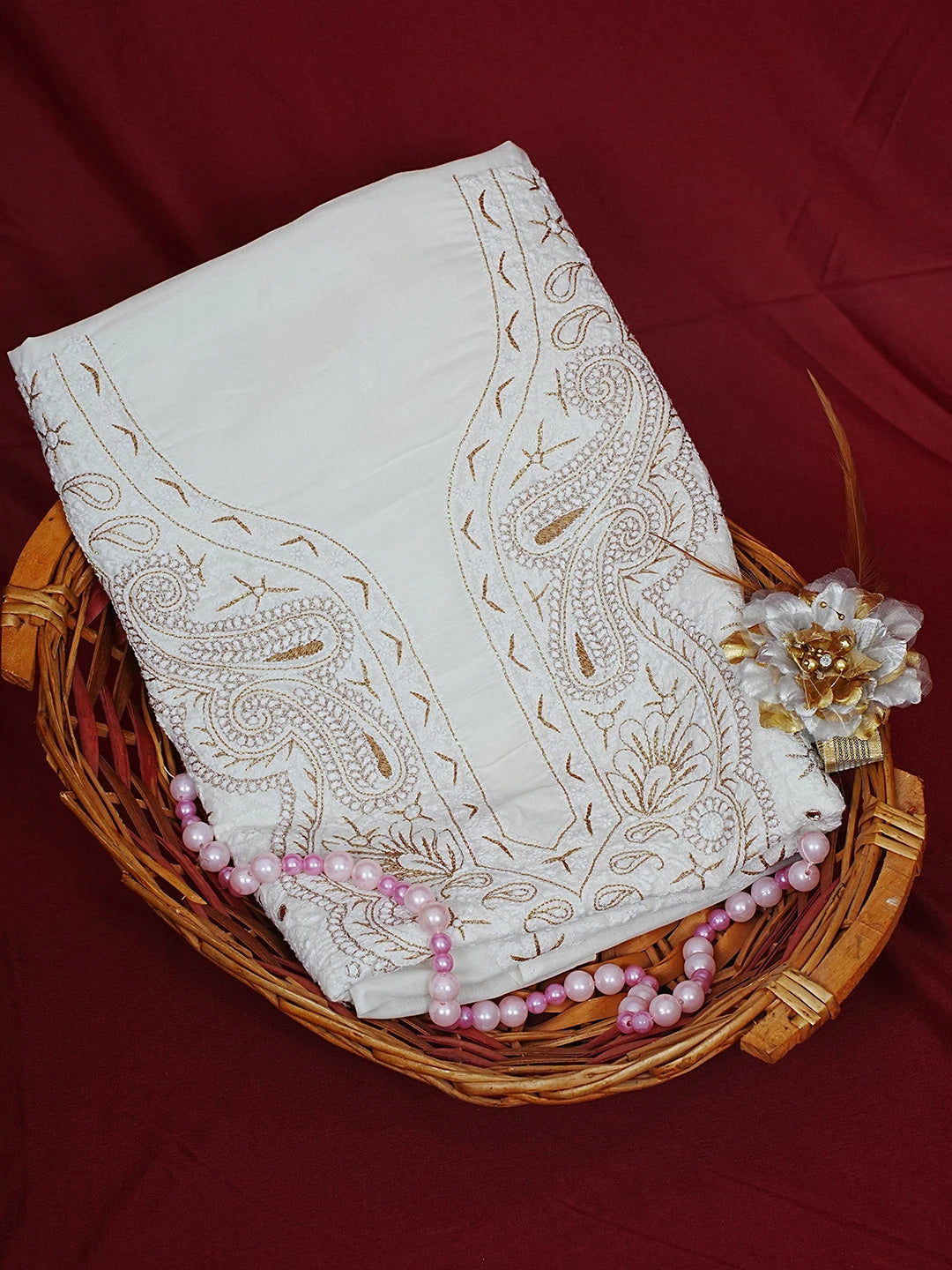 Ada Hand Embroidered Cream Cotton Lucknowi Chikankari Unstitched Kurta Piece 01A325441