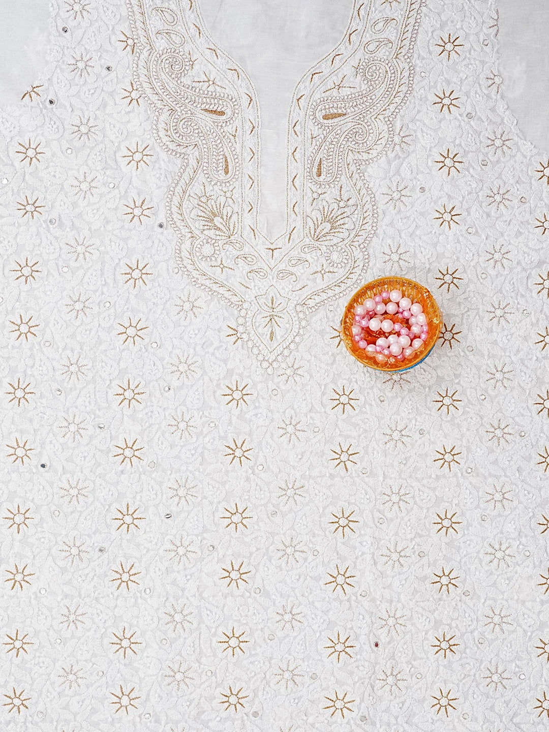 Ada Hand Embroidered Cream Cotton Lucknowi Chikankari Unstitched Kurta Piece 01A325441