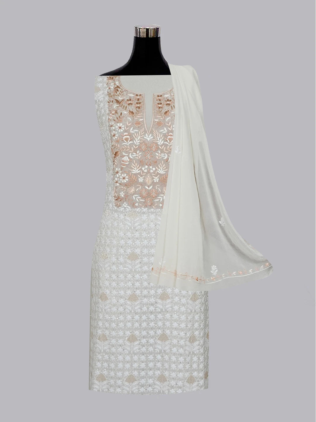 Ada Hand Embroidered Off White Pure Georgette Lucknowi Chikankari Unstitched Kurta Dupatta Set With Parsi Work 01A548643