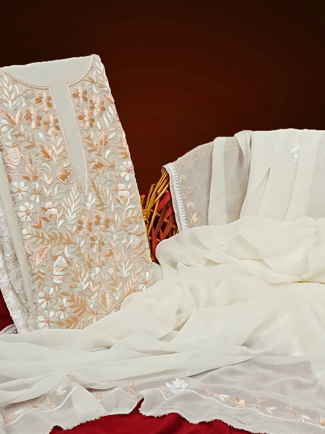 Ada Hand Embroidered Off White Pure Georgette Lucknowi Chikankari Unstitched Kurta Dupatta Set With Parsi Work 01A548643