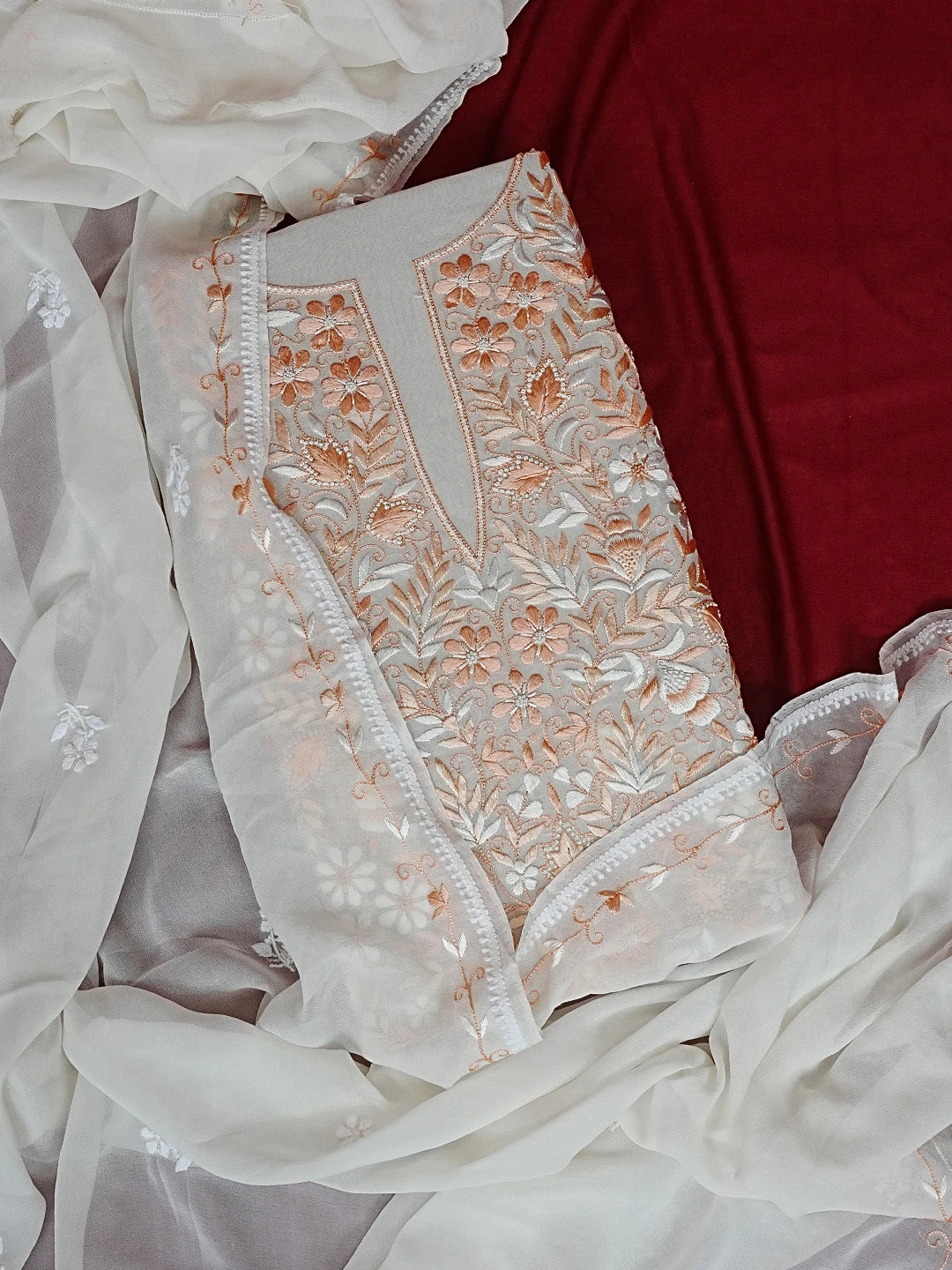 Ada Hand Embroidered Off White Pure Georgette Lucknowi Chikankari Unstitched Kurta Dupatta Set With Parsi Work 01A548643