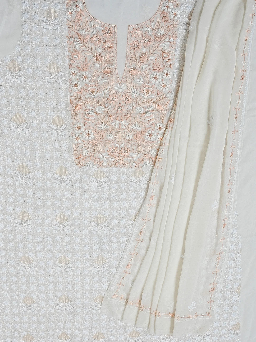 Ada Hand Embroidered Off White Pure Georgette Lucknowi Chikankari Unstitched Kurta Dupatta Set With Parsi Work 01A548643