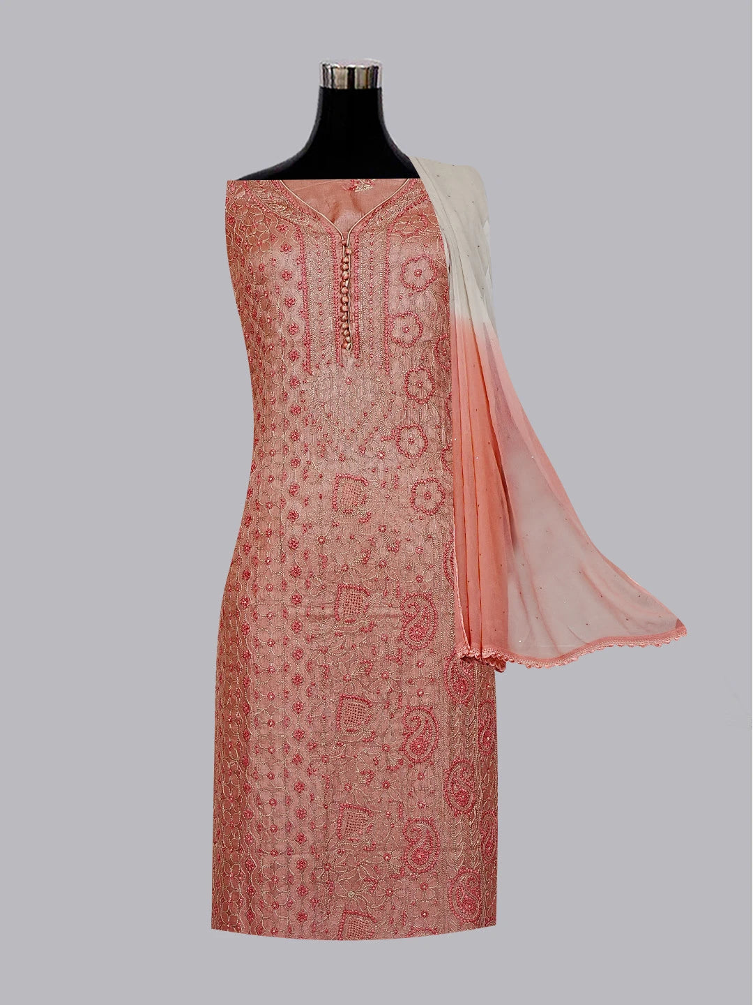 Ada Hand Embroidered Dusty Peach Silk Lucknowi Chikankari Semi Stitched Suit Piece With Muqaish Work 01A550415