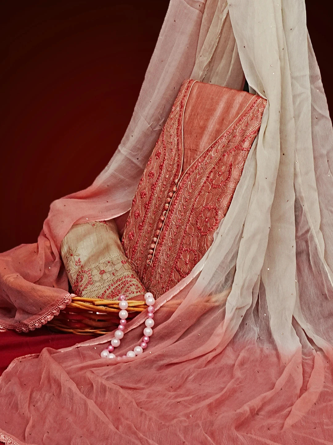 Ada Hand Embroidered Dusty Peach Silk Lucknowi Chikankari Semi Stitched Suit Piece With Muqaish Work 01A550415