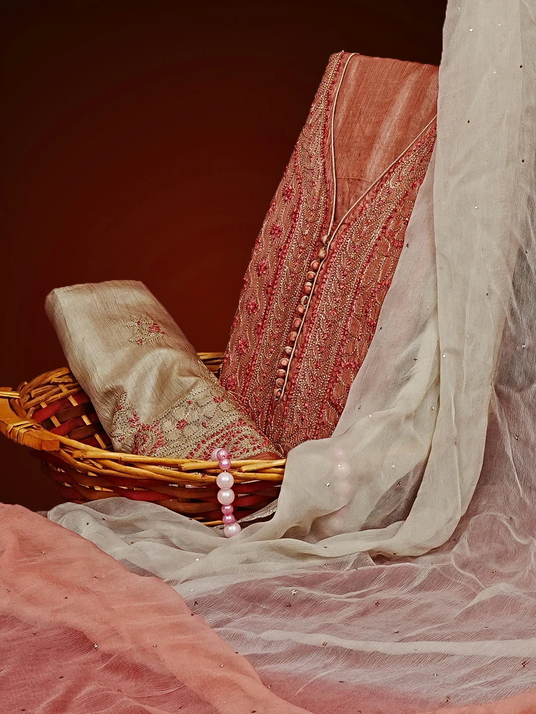 Ada Hand Embroidered Dusty Peach Silk Lucknowi Chikankari Semi Stitched Suit Piece With Muqaish Work 01A550415