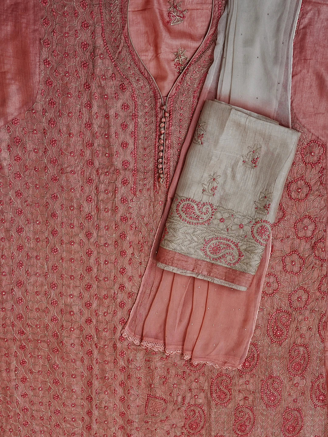 Ada Hand Embroidered Dusty Peach Silk Lucknowi Chikankari Semi Stitched Suit Piece With Muqaish Work 01A550415
