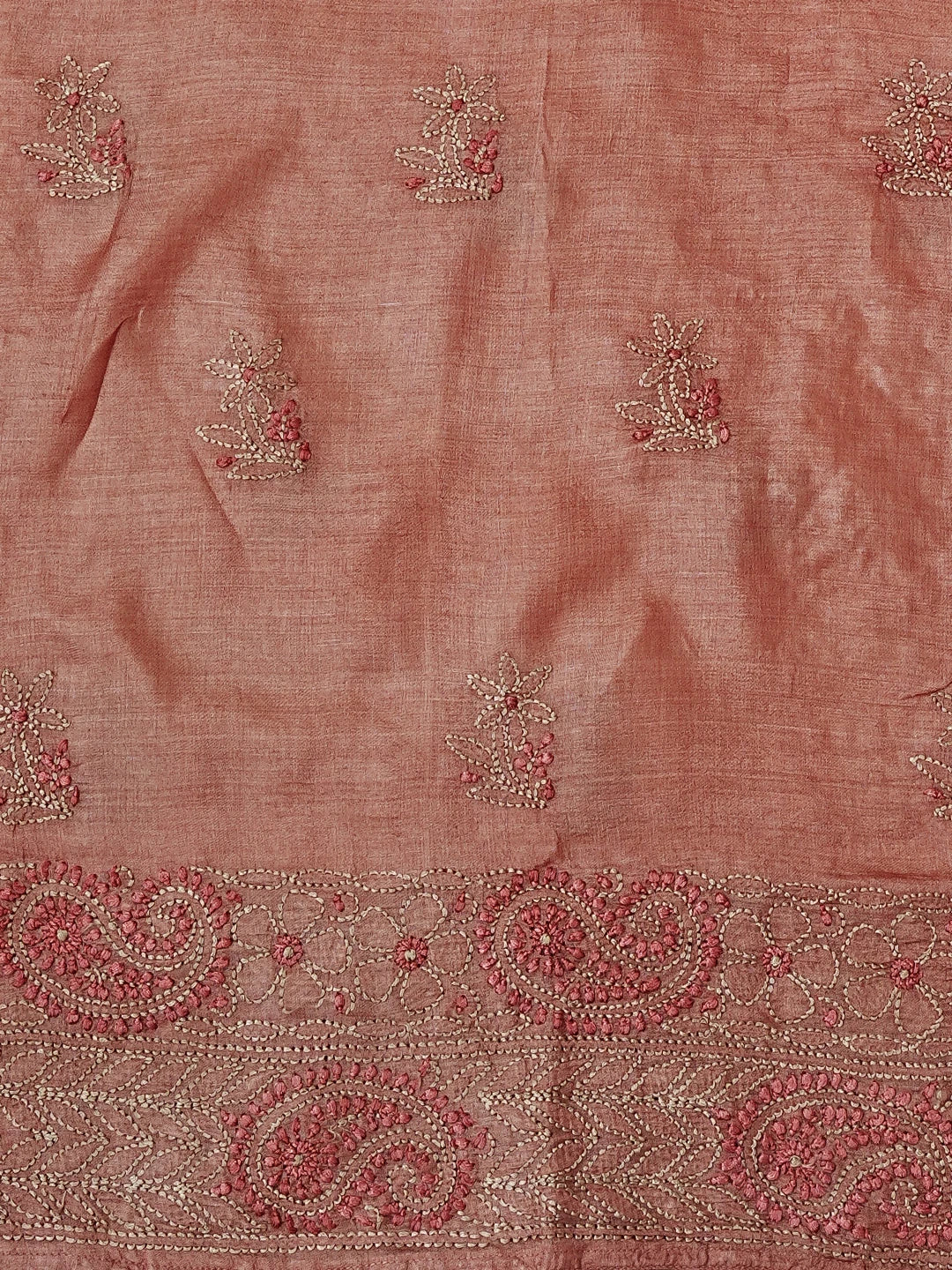 Ada Hand Embroidered Dusty Peach Silk Lucknowi Chikankari Semi Stitched Suit Piece With Muqaish Work 01A550415