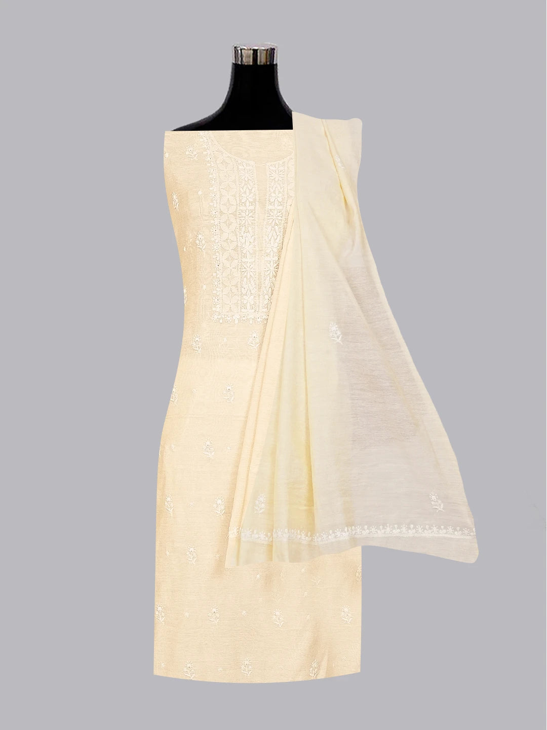 Ada Hand Embroidered Fawn Chanderi Lucknowi Chikankari Unstitched Kurta Dupatta Set 01A550459