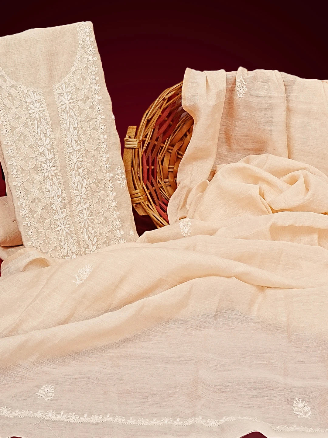 Ada Hand Embroidered Fawn Chanderi Lucknowi Chikankari Unstitched Kurta Dupatta Set 01A550459