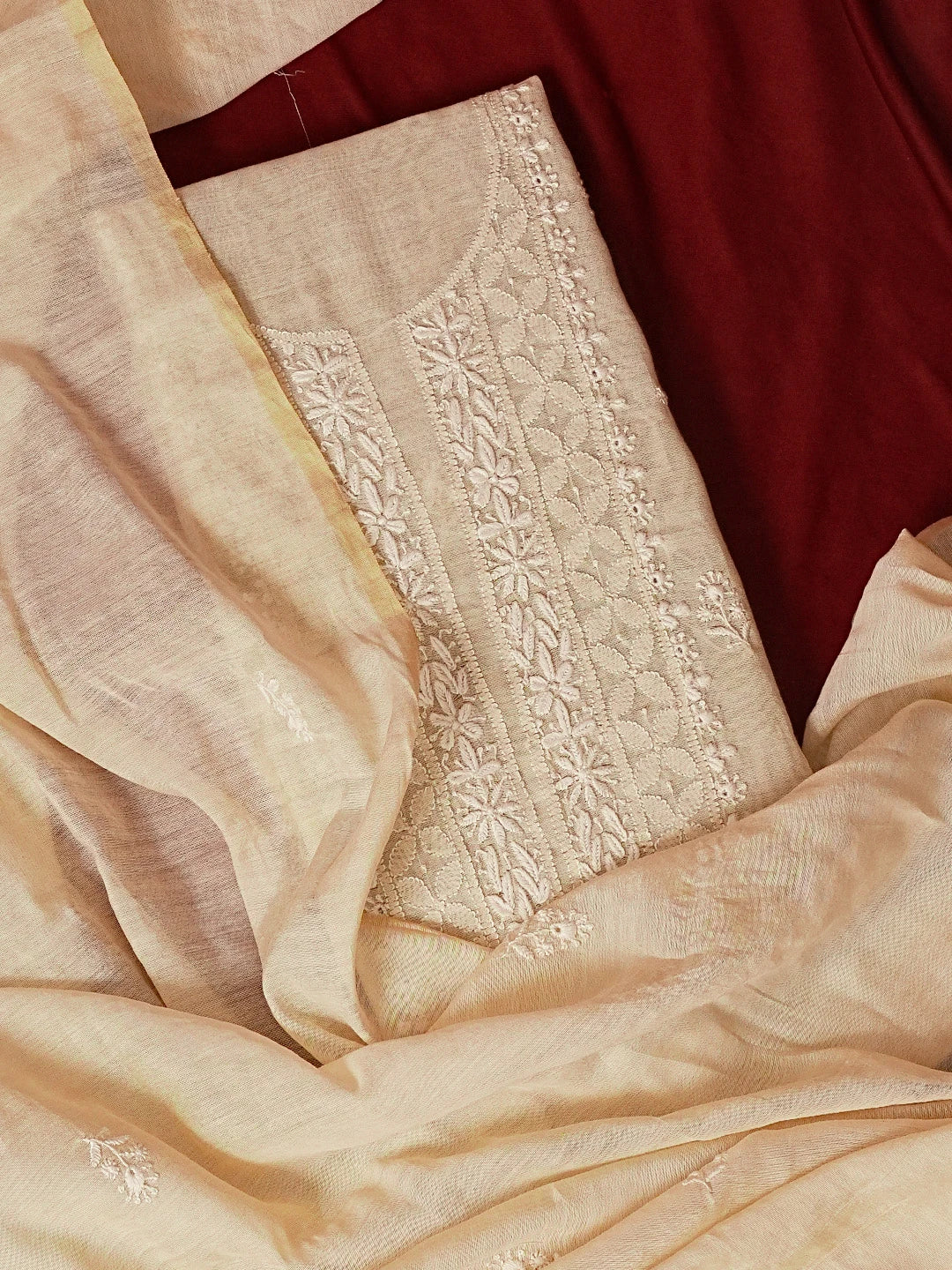 Ada Hand Embroidered Fawn Chanderi Lucknowi Chikankari Unstitched Kurta Dupatta Set 01A550459