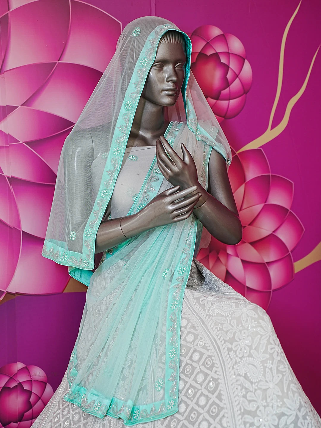 Ada Hand Embroidered Ombre Shade of Sea Green And Grey Pure Georgette Lucknowi Chikankari Lehenga Set With Pearl Work 01A260951