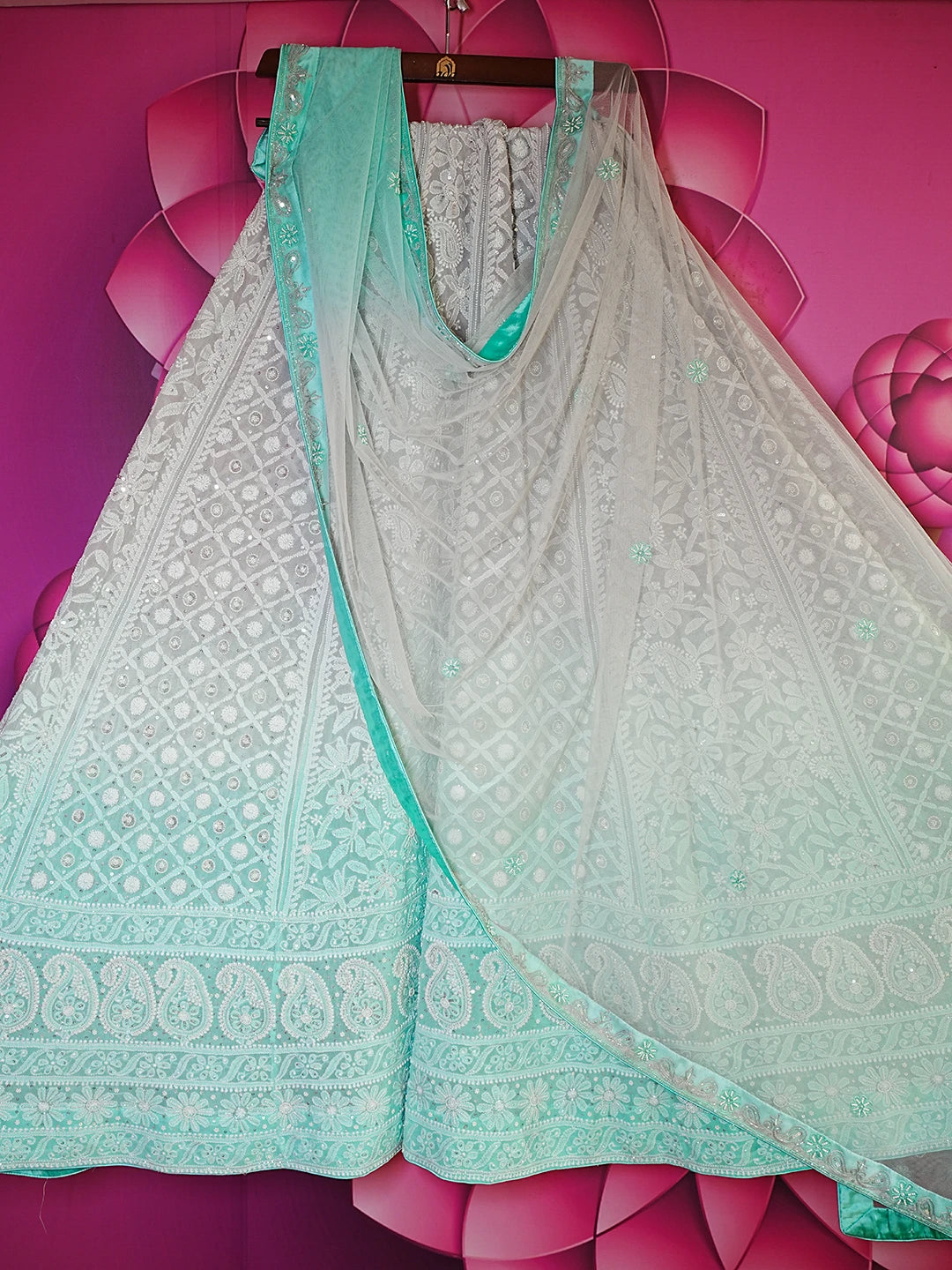 Ada Hand Embroidered Ombre Shade of Sea Green And Grey Pure Georgette Lucknowi Chikankari Lehenga Set With Pearl Work 01A260951