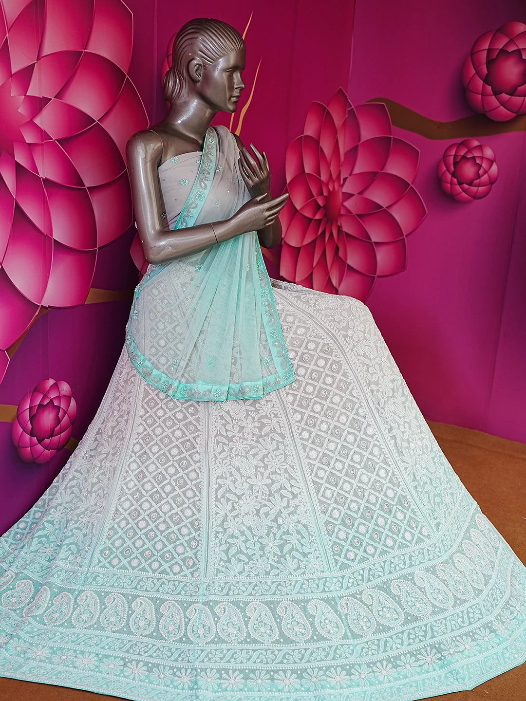 Ada Hand Embroidered Ombre Shade of Sea Green And Grey Pure Georgette Lucknowi Chikankari Lehenga Set With Pearl Work 01A260951