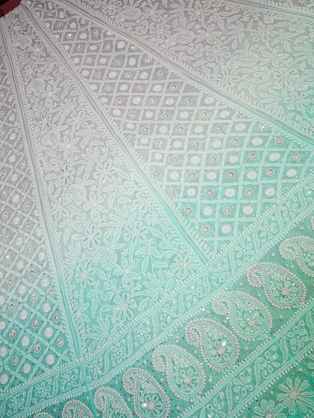 Ada Hand Embroidered Ombre Shade of Sea Green And Grey Pure Georgette Lucknowi Chikankari Lehenga Set With Pearl Work 01A260951