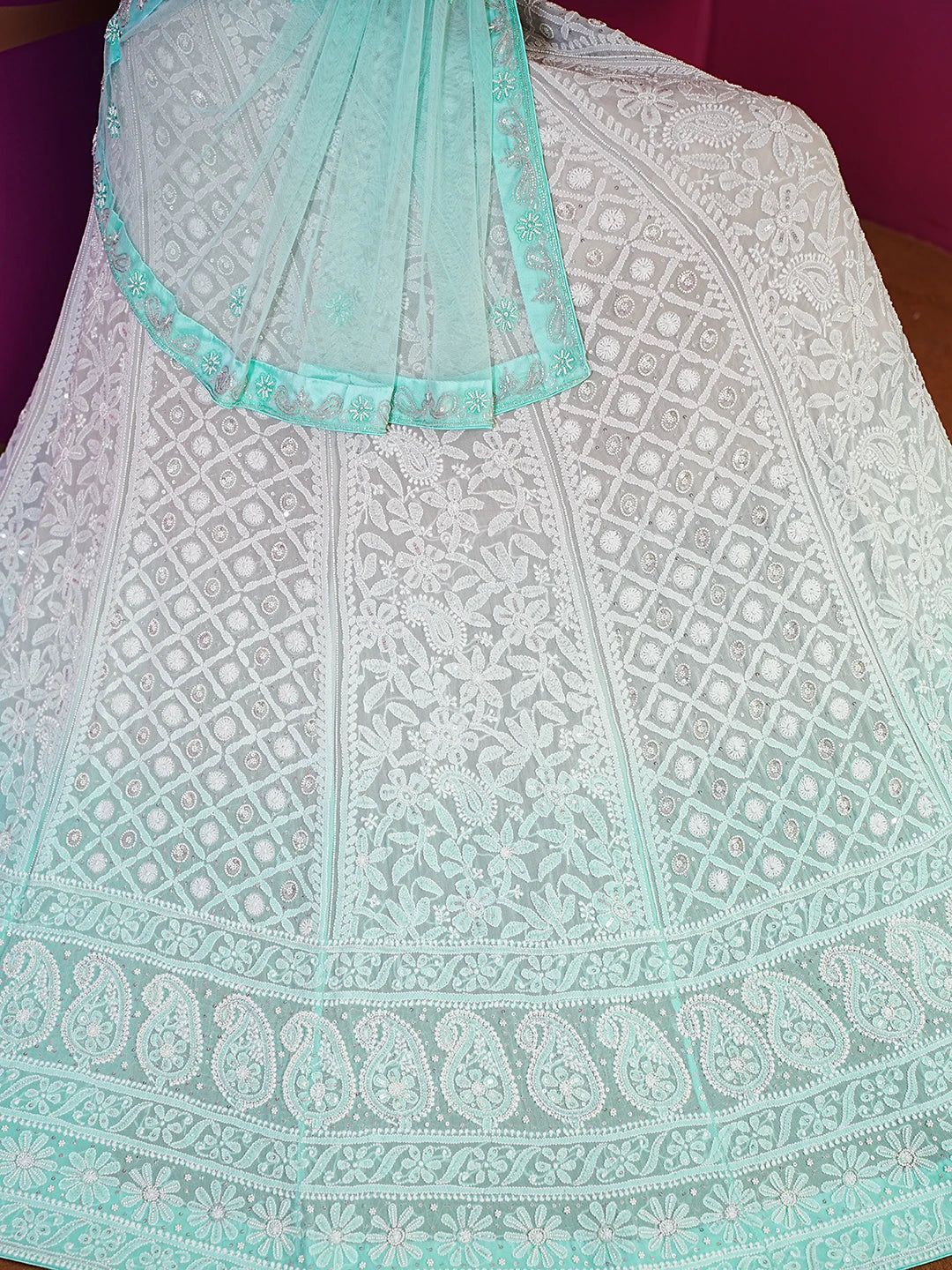 Ada Hand Embroidered Ombre Shade of Sea Green And Grey Pure Georgette Lucknowi Chikankari Lehenga Set With Pearl Work 01A260951