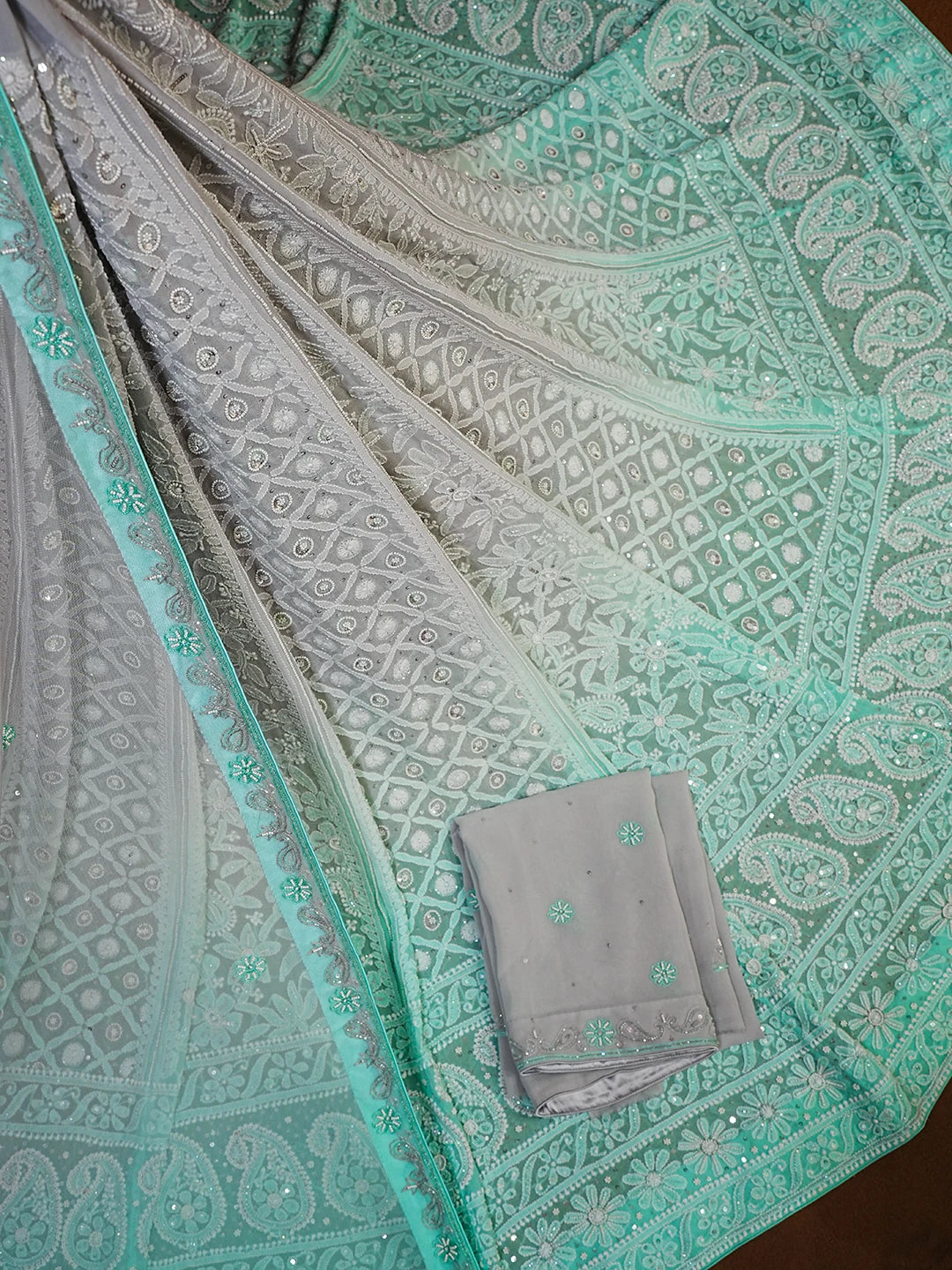 Ada Hand Embroidered Ombre Shade of Sea Green And Grey Pure Georgette Lucknowi Chikankari Lehenga Set With Pearl Work 01A260951