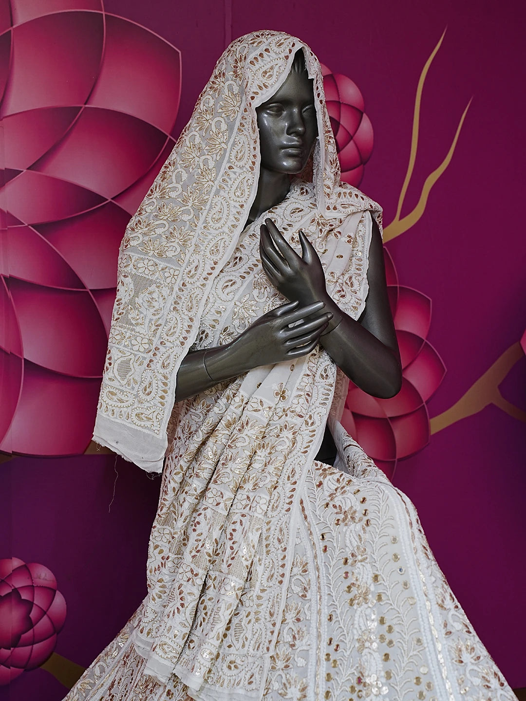 Ada Hand Embroidered Ivory White Viscose Georgette Lucknowi Chikankari Lehenga Set With Zari Work 01A546535