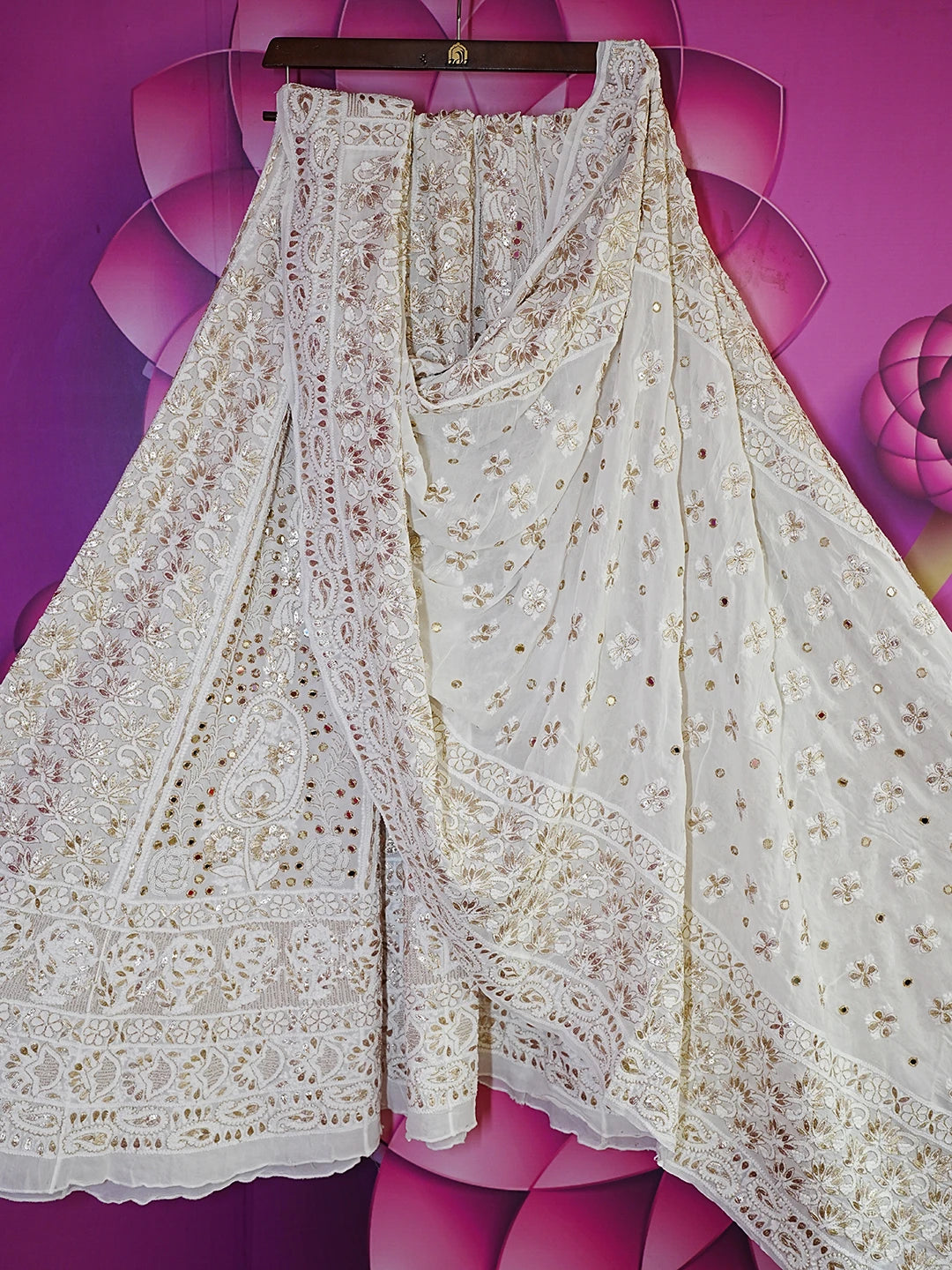 Ada Hand Embroidered Ivory White Viscose Georgette Lucknowi Chikankari Lehenga Set With Zari Work 01A546535