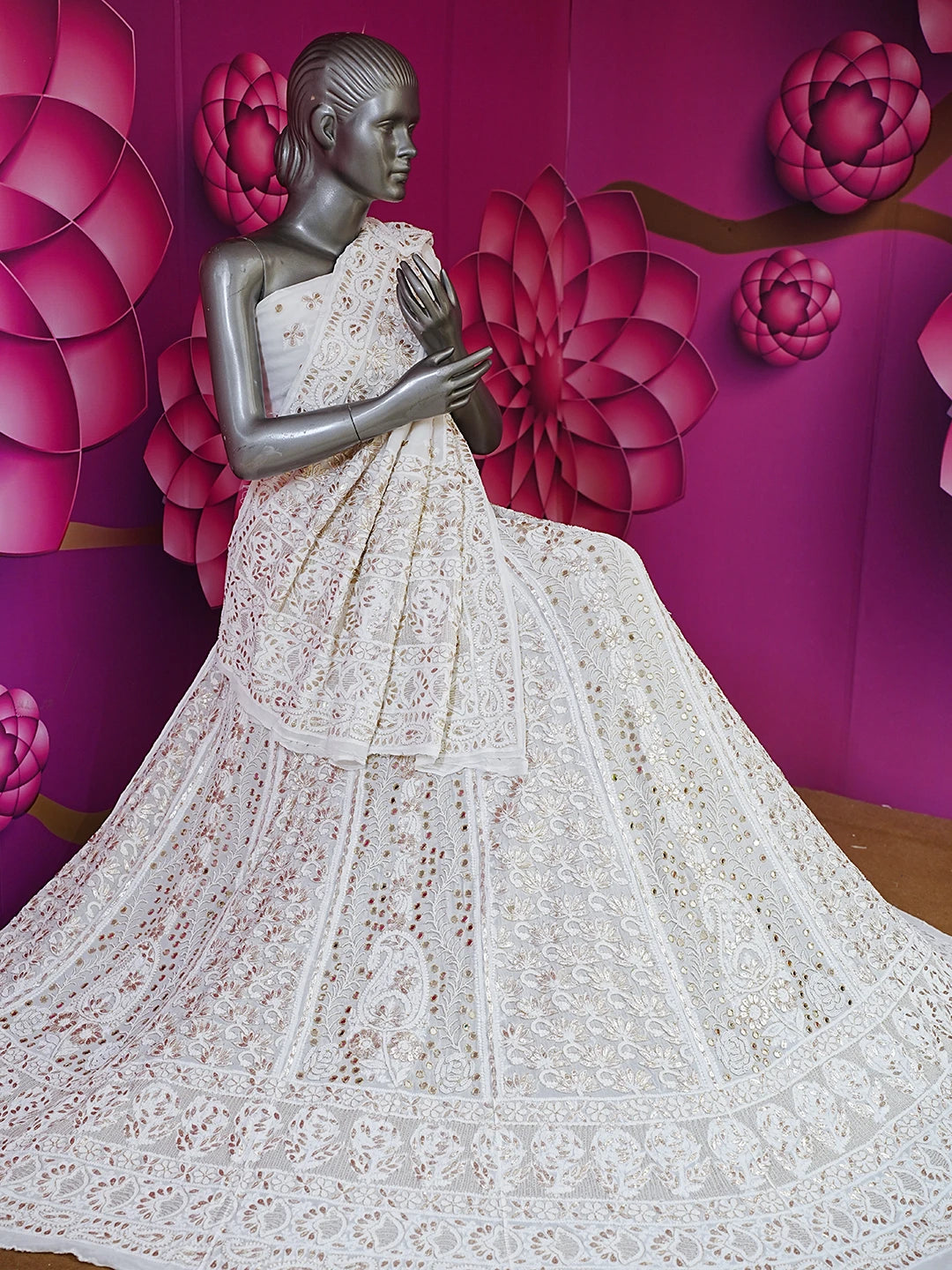 Ada Hand Embroidered Ivory White Viscose Georgette Lucknowi Chikankari Lehenga Set With Zari Work 01A546535