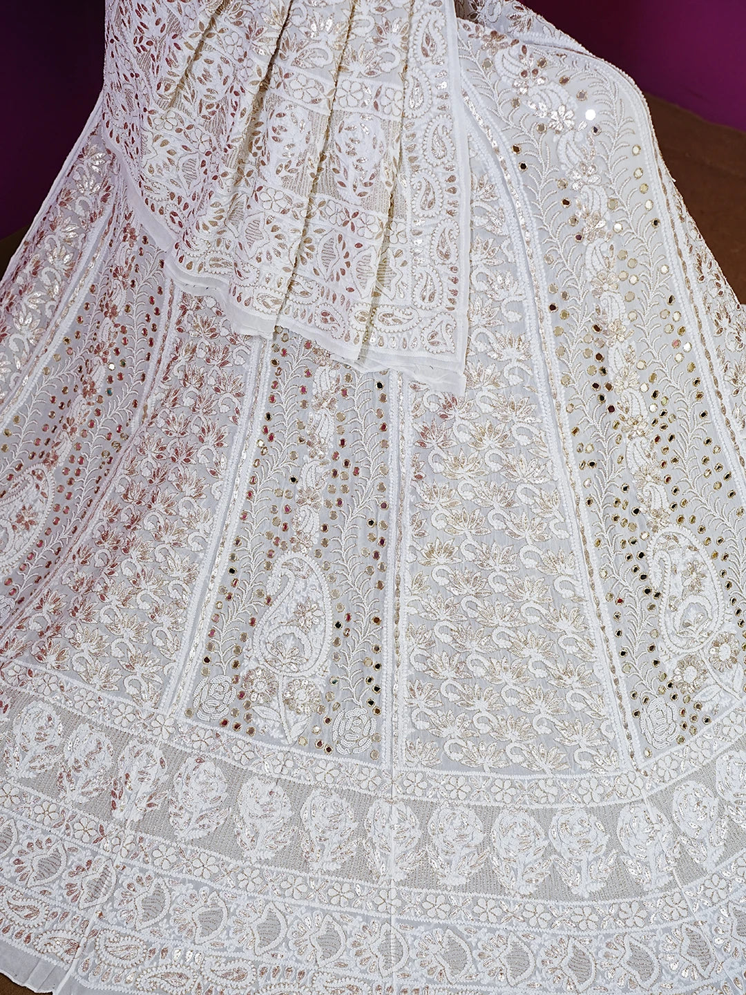 Ada Hand Embroidered Ivory White Viscose Georgette Lucknowi Chikankari Lehenga Set With Zari Work 01A546535