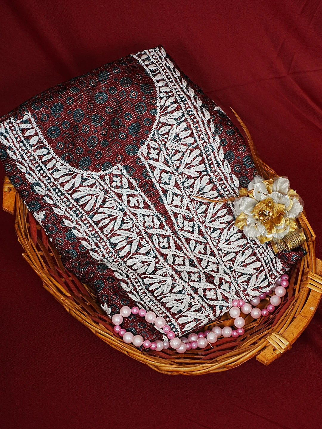 Ada Hand Embroidered Maroon Kota Lucknowi Chikankari Unstitched Kurta Piece 01A349794