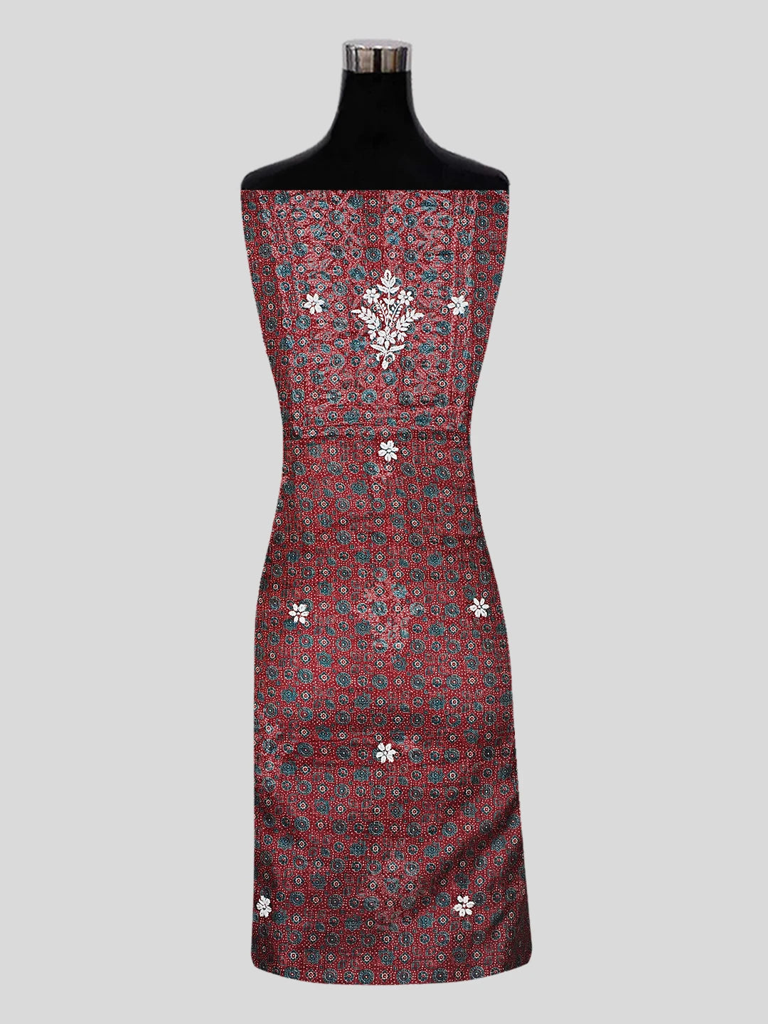 Ada Hand Embroidered Maroon Kota Lucknowi Chikankari Unstitched Kurta Piece 01A349794