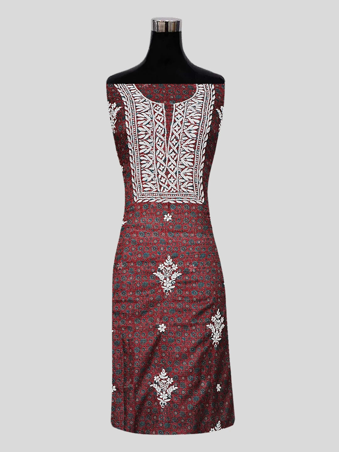 Ada Hand Embroidered Maroon Kota Lucknowi Chikankari Unstitched Kurta Piece 01A349794
