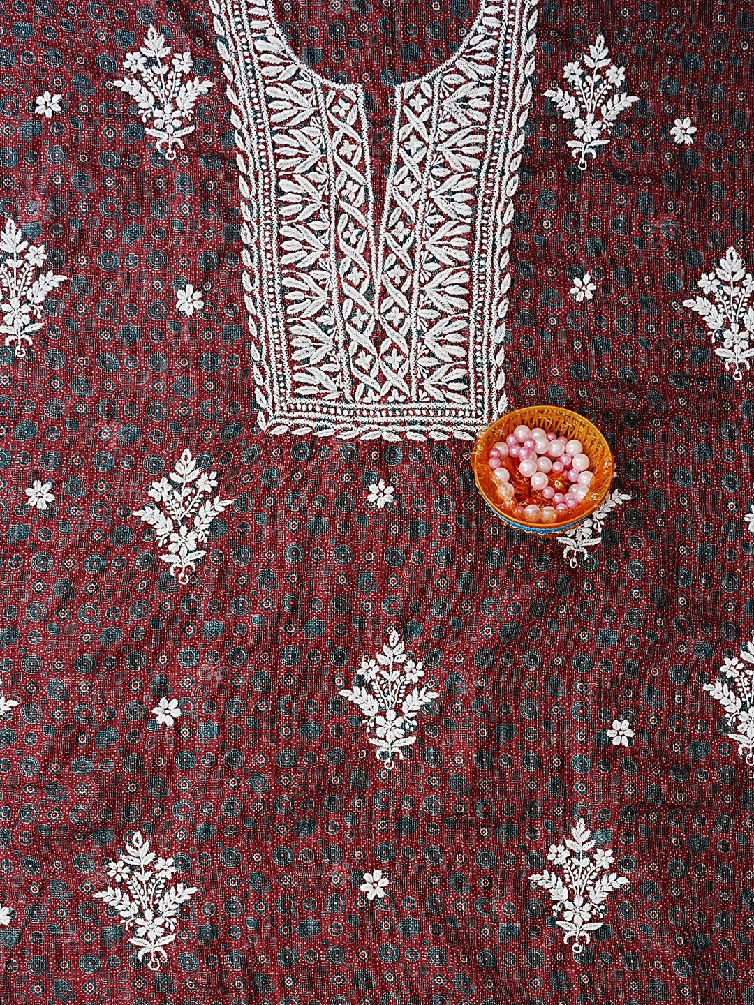 Ada Hand Embroidered Maroon Kota Lucknowi Chikankari Unstitched Kurta Piece 01A349794