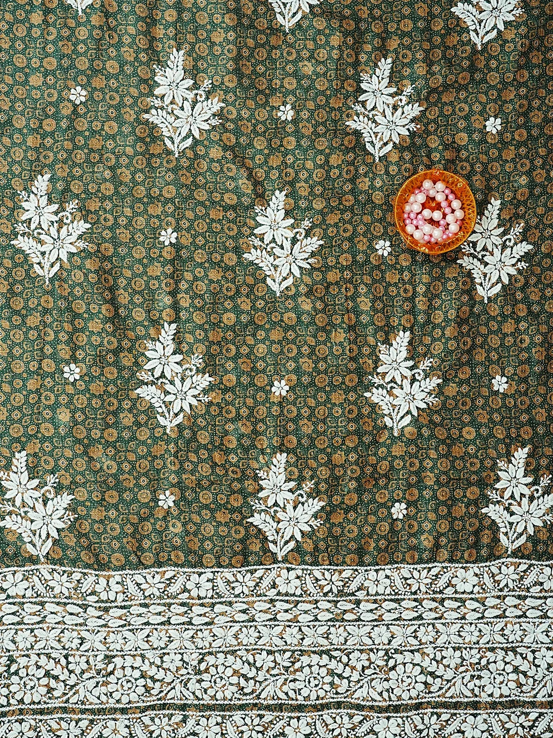 Ada Hand Embroidered Green Kota Lucknowi Chikankari Unstitched Kurta Piece 01A409937