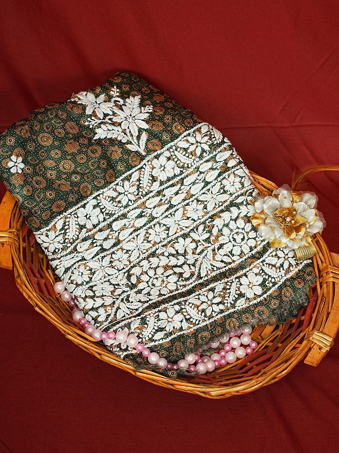 Ada Hand Embroidered Green Kota Lucknowi Chikankari Unstitched Kurta Piece 01A409937