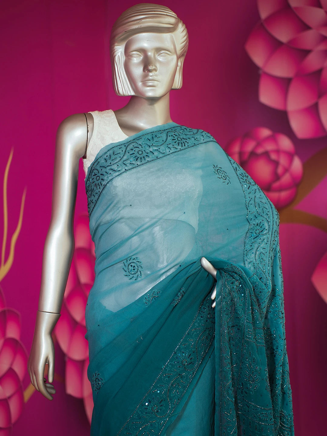 Ada Hand Embroidered Deep Teal Green Viscose Georgette Lucknowi Chikankari Saree and Blouse With Cutdana Work 01A475858