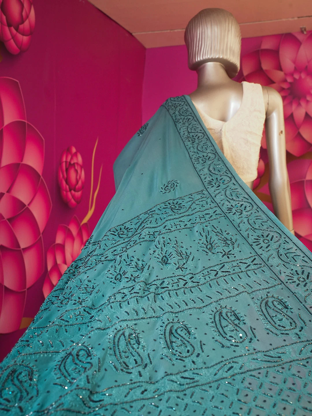 Ada Hand Embroidered Deep Teal Green Viscose Georgette Lucknowi Chikankari Saree and Blouse With Cutdana Work 01A475858